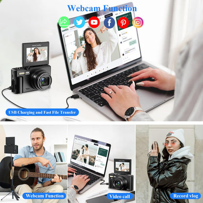 Digital Camera for Photography, WiFi 64MP 4K Vlogging Camera for YouTube, 3" 180° Flip Screen 18X Digital Zoom Compact Vlog Travel Cameras with 32GB TF Card & 2 Batteries, Black