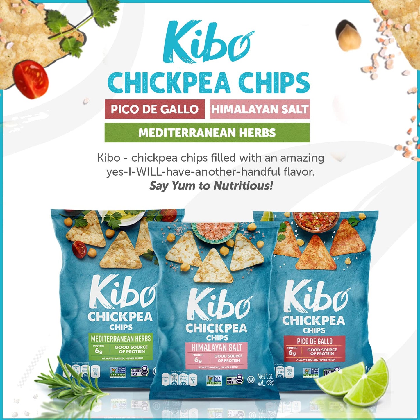 Kibo Chickpea Chips - High Protein/Fiber, Plant-Based, Cert. Gluten Free, Non-GMO, Vegan, Kosher, 3 Flavor Variety Pack, 1oz 12 pk