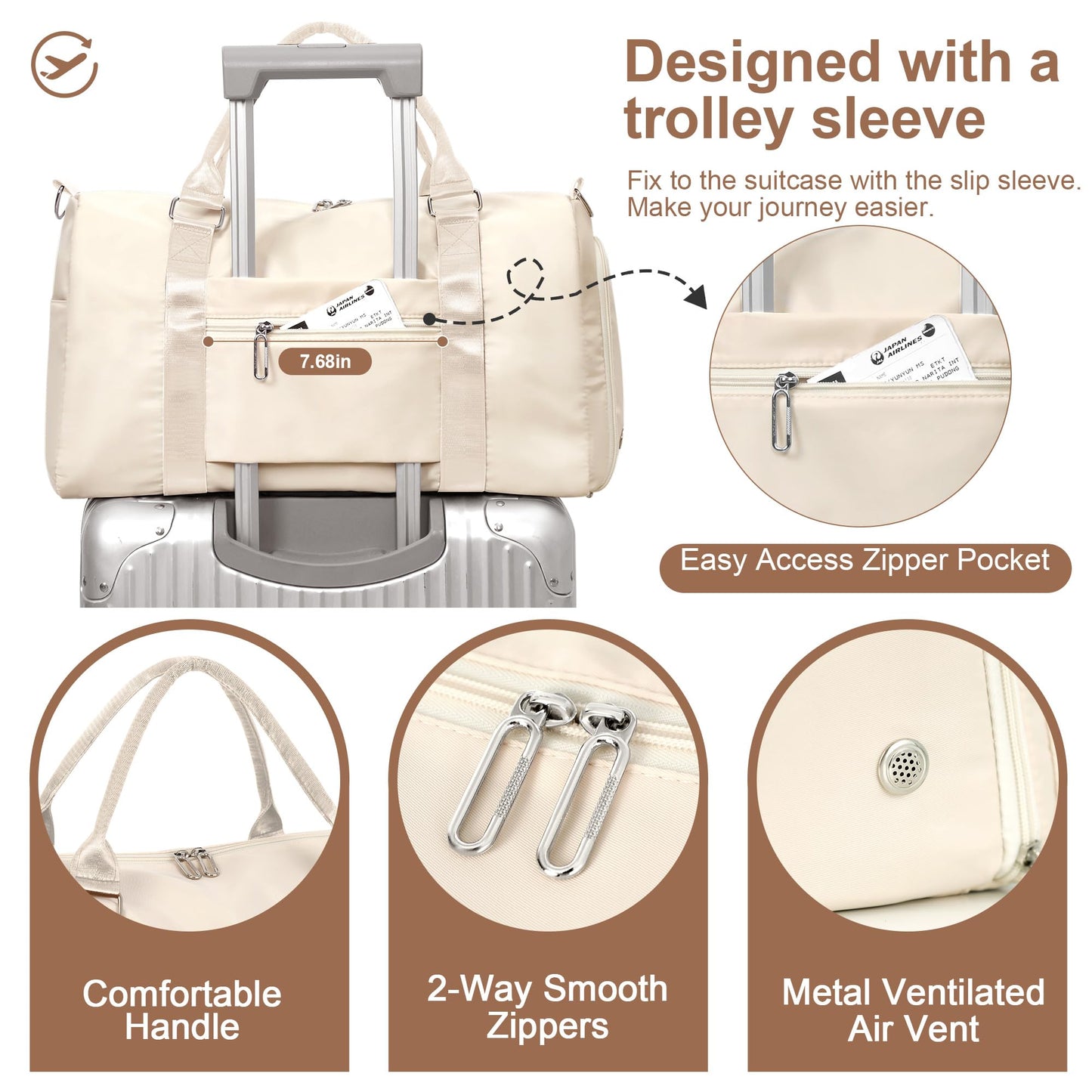 FIORETTO Womens Gym Tote Duffle Bag with Wet Pocket & Shoe Compartment, Sports Duffel Overnight Weekender Hospital Workout Carry on Bag for Girls, Ideal for Travel, Swimming, Dance, Ballet Beige