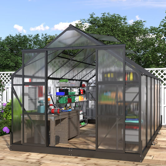 VanAcc 8x14x7.5 FT Polycarbonate Greenhouse 2 Sliding Doors 4 Vent Window Walk-in Premium Greenhouse Storage Shed Outdoor Aluminum Large Hot House for Sunroom Garden Backyard Matte Black