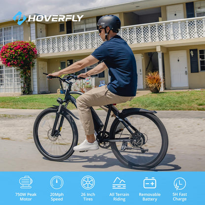 HOVERFLY OUREA Electric Bike 26", 750W Peak Motor Mountain Ebike,Up to 40 Miles 20MPH Removable Battery, 7-Speed and Shock Absorber, UL2849 Certified, Electric Commuter Bike for Adults White