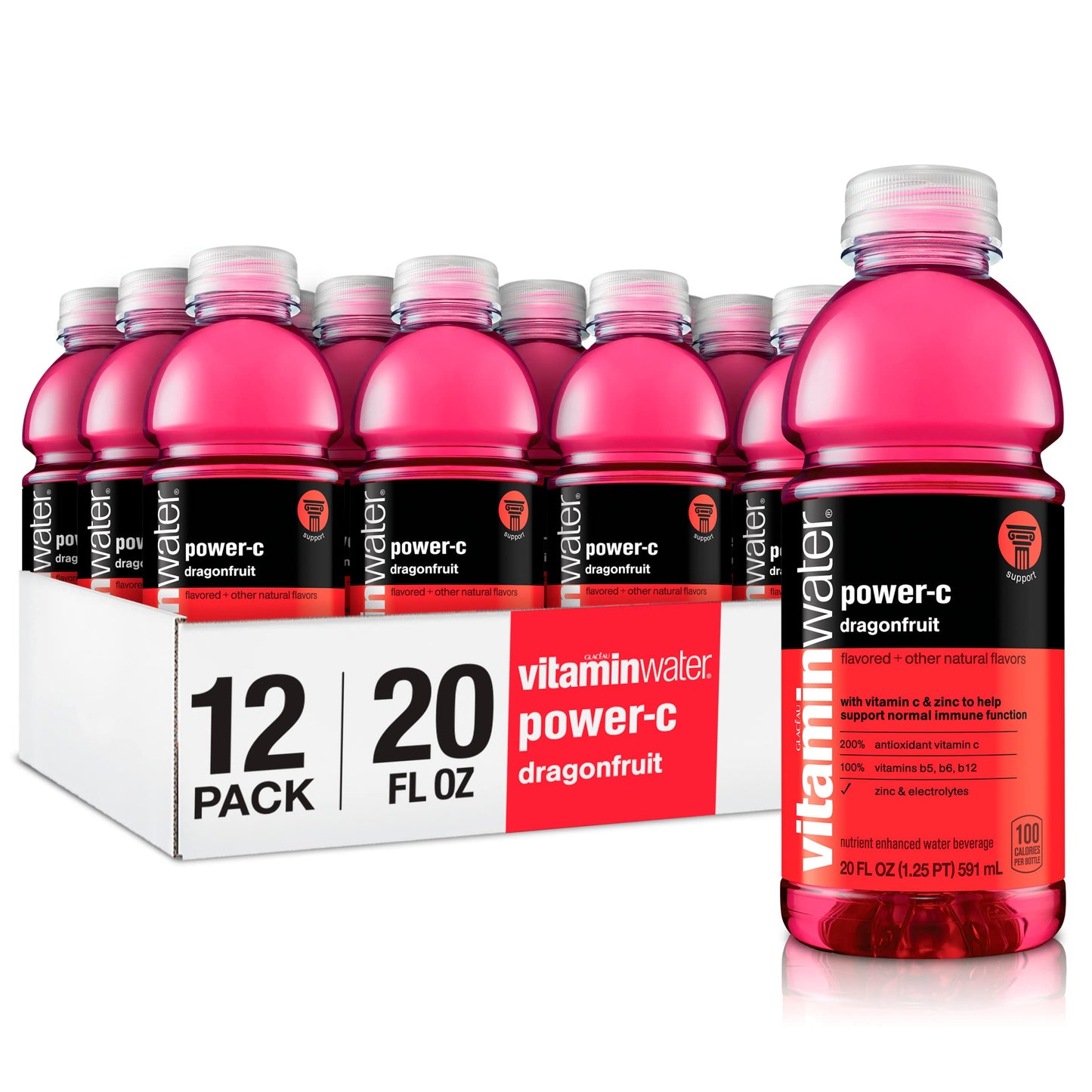 vitaminwater power-c electrolyte enhanced water w/vitamins, dragonfruit drinks, 20 fl oz, 12 Pack