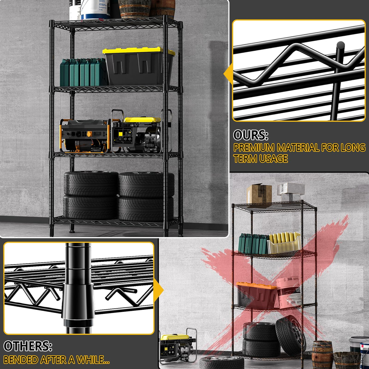 M MZG 1000 lbs 4 Tier Shelf Metal Storage Shelves Shelving Wire Rack Heavy Duty Closet Organizers for Garage Kitchen Bathroom Laundry Black 15.7" D x 33.5" W x 59.5" H