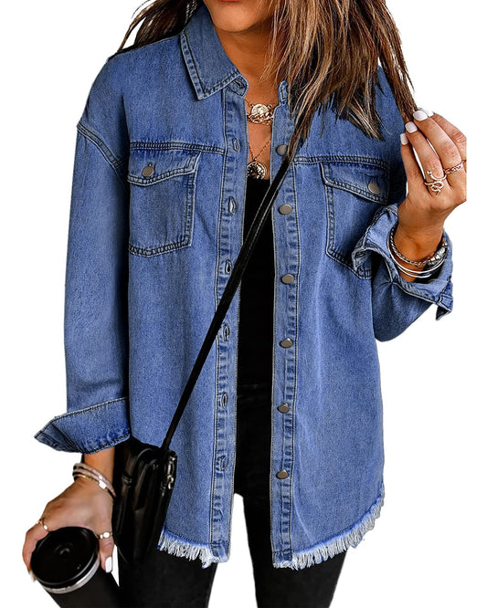 Vetinee Women's Womens Clothes Oversized Boyfriend Nightfall Blue Front Button Up Frayed Raw Hem Long Sleeve Pockets Denim Jean Jacket Shacket X-Large Size 16 Size 18