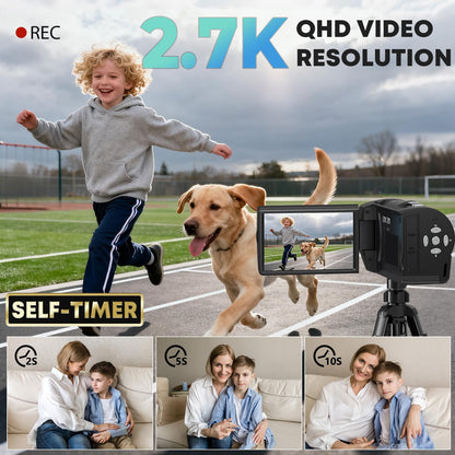 Gcasio 2.7K Video Camera Camcorder QHD 56MP YouTube Vlogging Camera Webcam 16X Digital Zoom with 32G SD Card 270 Degree Rotation Screen Camcorders and 2 Batteries Recording While Charging