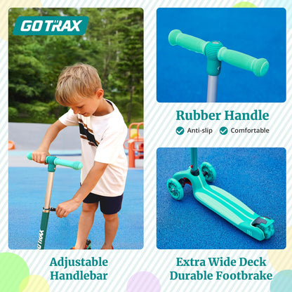 Gotrax KS1 Kids Kick Scooter, LED Lighted Wheels and 3 Adjustable Height Handlebars, Lean-to-Steer & Widen Anti-Slip Deck, 3 Wheel Scooter for Boys & Girls Ages 2-8 and up to 110 Lbs (Green)