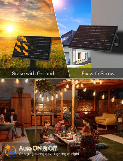 100ft Solar Outdoor String Lights with Remote - USB Rechargeable Solar Powered Outdoor Patio Lights, Larger 3.5W Solar Panel , Timer, Dimmable Shatterproof ST38 Bulbs for Backyard, Porch, Garden, Pool