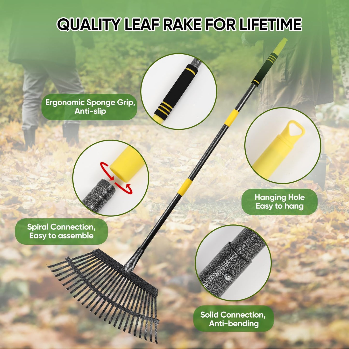 Coopvivi Garden Leaf Rakes, 6FT Rake for Lawns Heavy Duty 25 Metal Tines 18.5 inch Wide, Adjustable Steel Handle, Rakes for Leaves, Gathering Shrub, Grass, Flower Beds