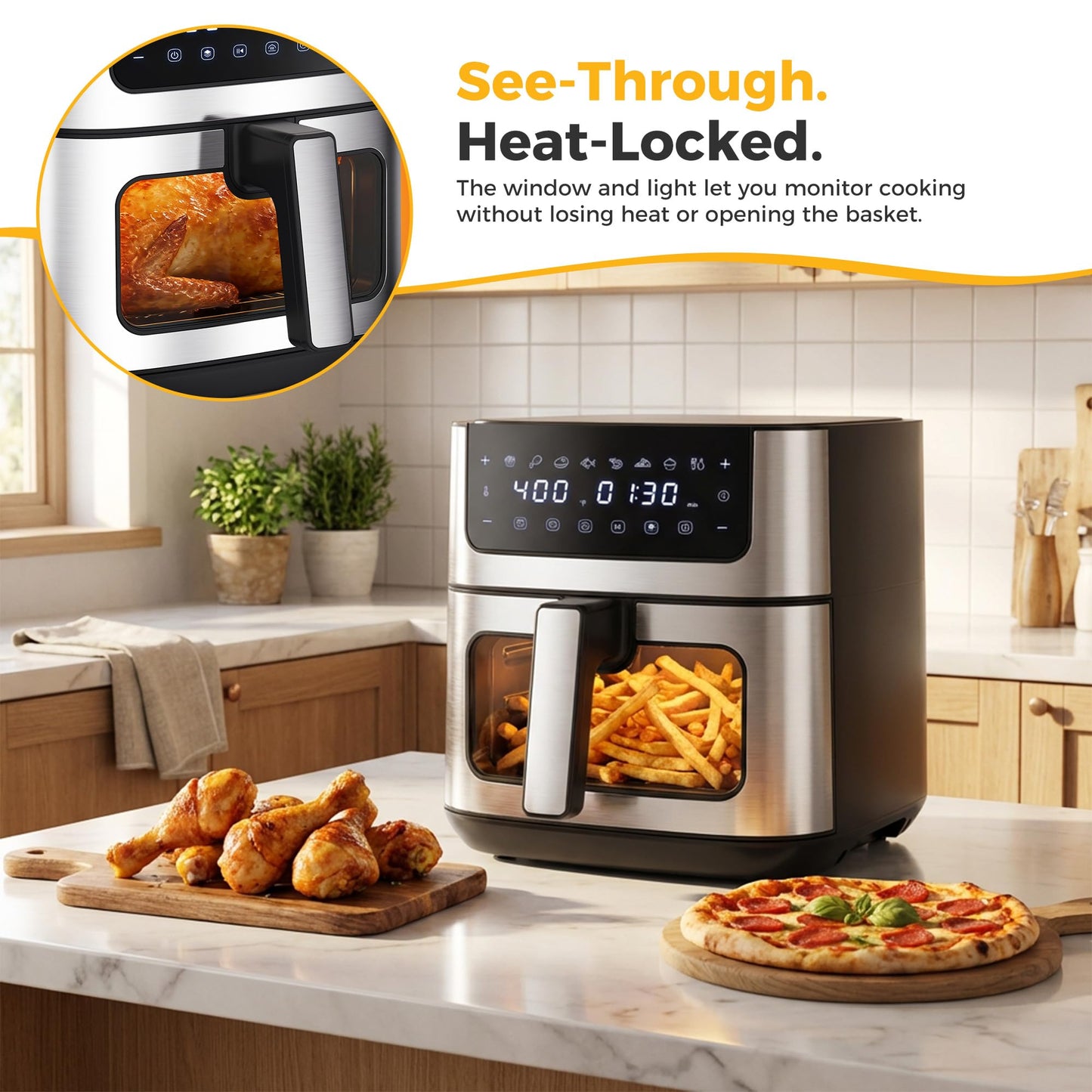 NEWBULIG Air Fryer 6.34QT, Airfryer with Visible Window, 400℉ Fast Heating Air Fryers Oven with Nonstick and Dishwasher-Safe Basket, 8-in-1 Cooking Preset, Timer，Auto-Off, Stainless Steel, Black