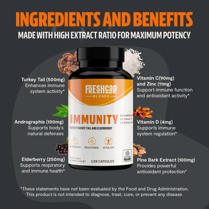 FreshCap 7-in-1 Immune Support Supplement - 5000mg Turkey Tail Mushroom Capsules, Immune Boosters for Adults, Immunity Boost Supplement, Elderberry Vitamin C and Zinc, Ayurveda (120 Capsules)