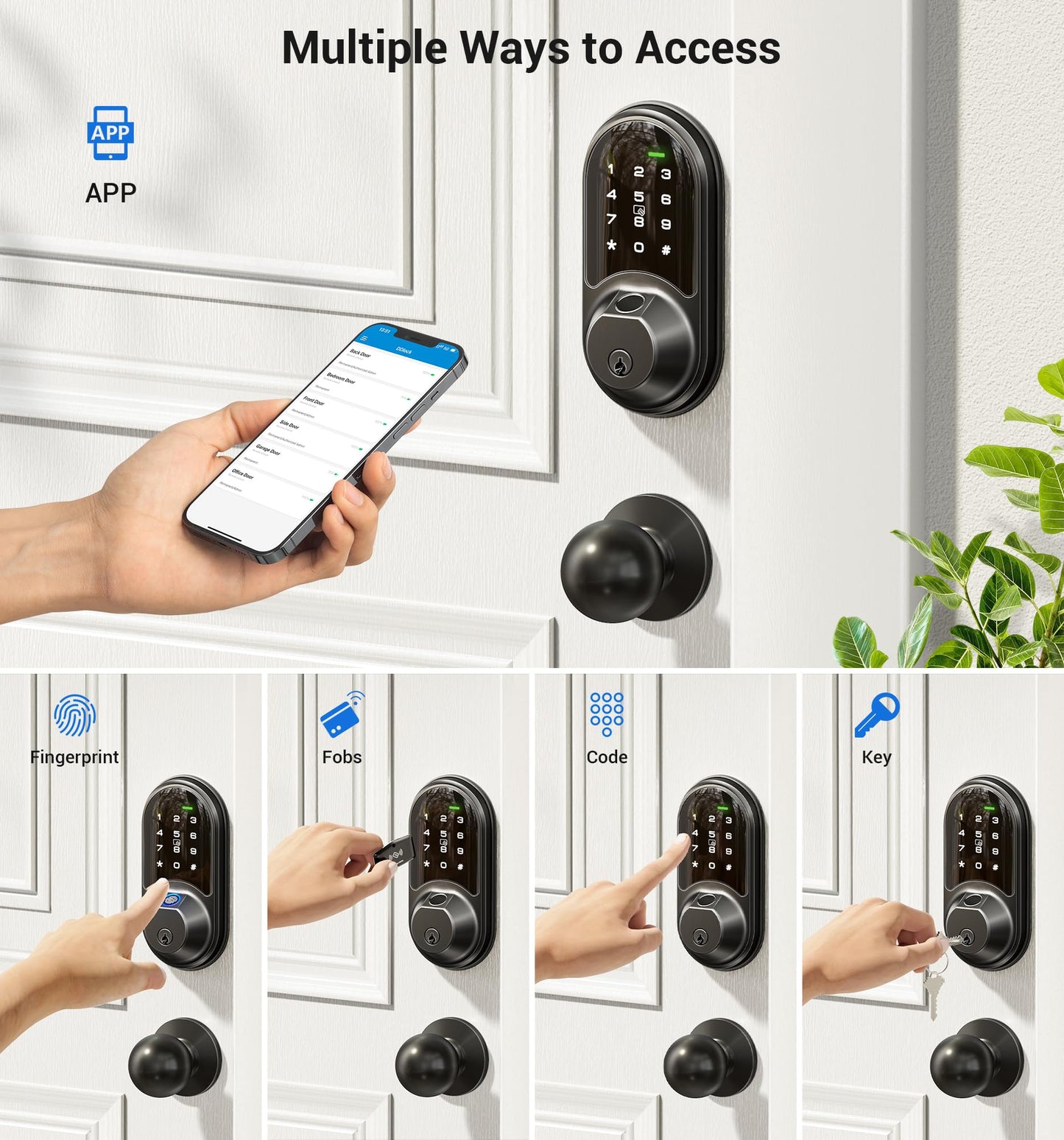 Veise Smart Locks for Front Door, 2 Knob Handle Set, Fingerprint Keyless Entry, App Control Biometric Door Lock, Electronic Digital Touchscreen Keypad Deadbolt, Easy Install, Auto Lock, Matte Black