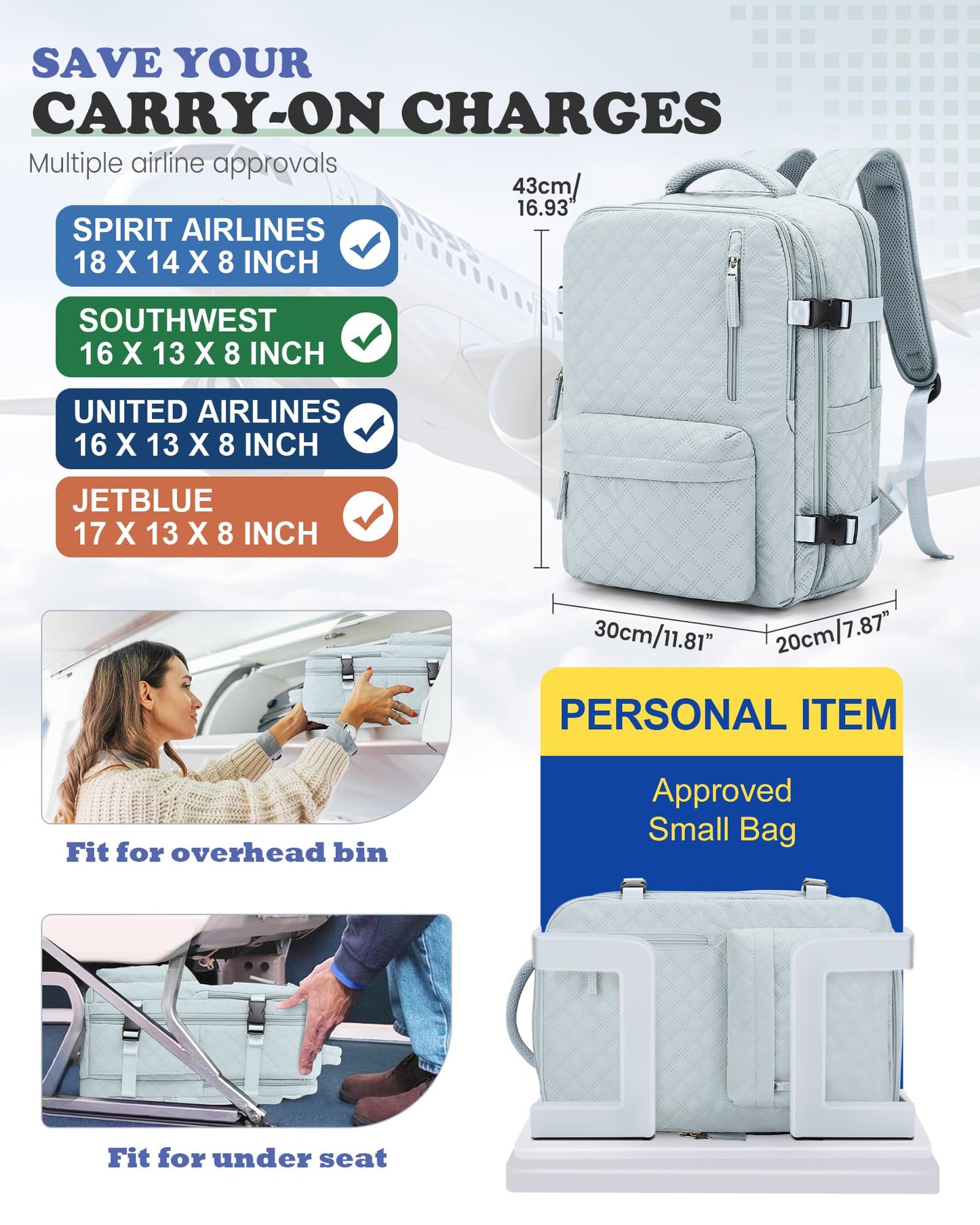 Travel Vacuum Storage Backpack with Air Pump Vacuum Seal Compression Space Saver Bags Clothing Vacpack 18x14x8 inches Travel Bag Carry on Personal item Laptop Work Backpacks Women LightBlue