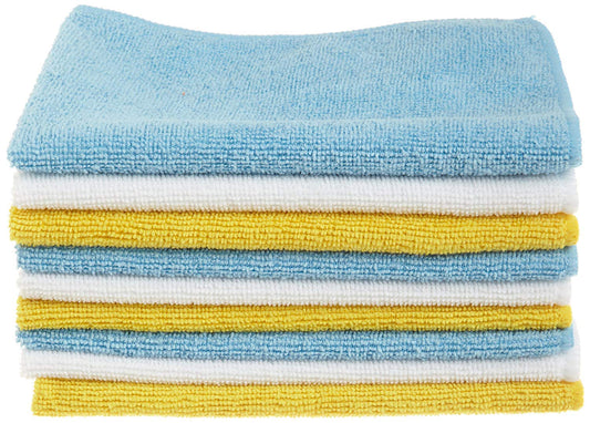 Amazon Basics Microfiber Cleaning Cloths, Non-Abrasive, Reusable and Washable, Pack of 24, Blue/White/Yellow, 16" x 12"