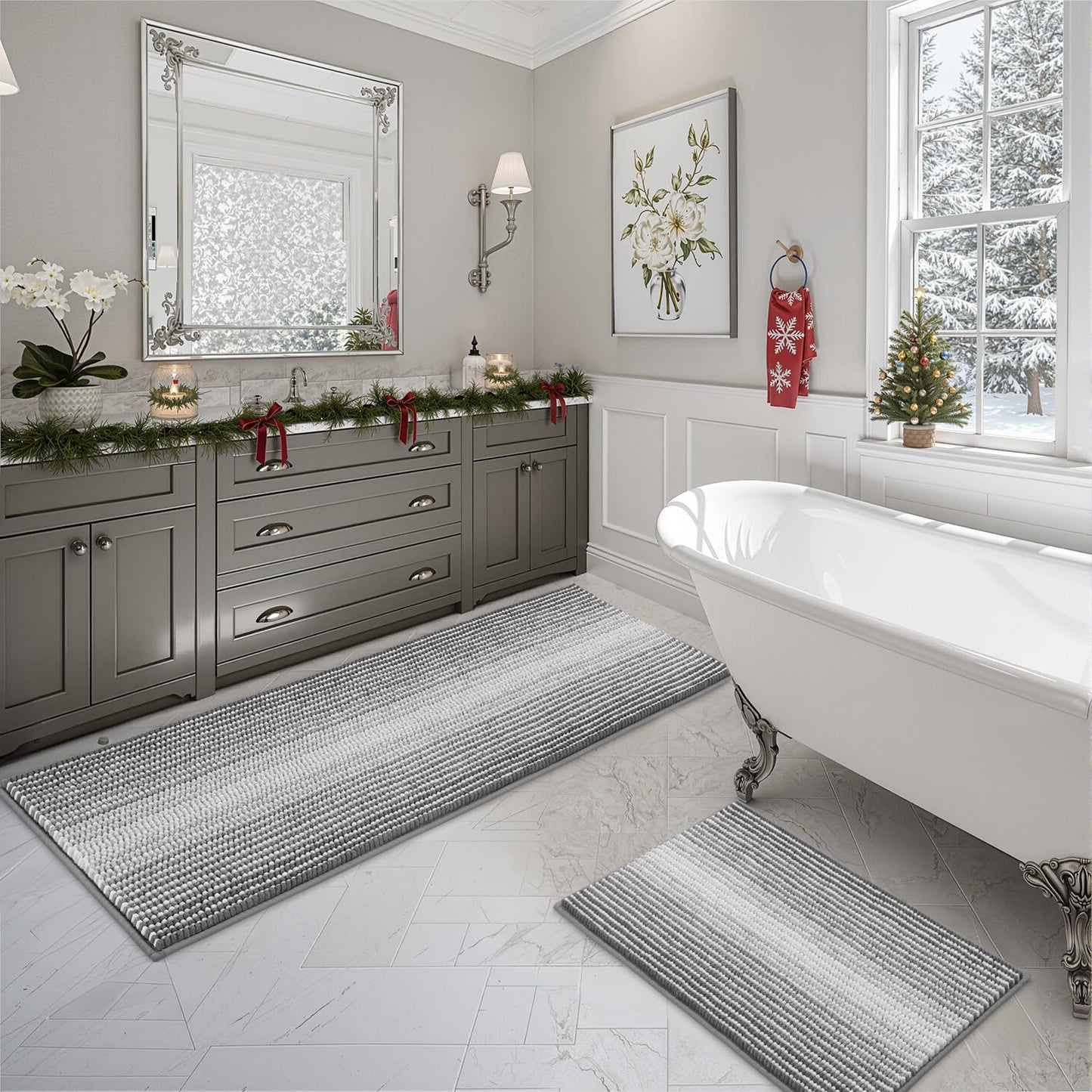 BSICPRO Bathroom Rugs and Mats Sets, 2 Piece Thick Absorbent Chenille Bath Mat Rug Set Non Slip, Soft Shaggy Bath Room Floor Mats for Bathroom, Machine Washable (Gray, 24" x 70" Plus 20" x 32")