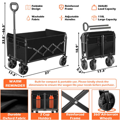 Wagons Carts Foldable, Collapsible Wagon, Foldable Wagon Cart with Wheels, Folding Wagons for Beach Camp Sports Garden, 2 Cup Holders/Lightweight Portable/Black/360 LBS