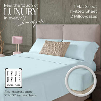 SUPREME ELEGANCE 600 Thread Count Queen Bed Sheets Sky Blue, Cotton Rich Sateen Weave Easy Care Bed Sheet, Ultra Soft & Silky Durable Deep Pocket Sheets (1 Flat Sheet, 1 Fitted Sheet & 2 Pillowcases)