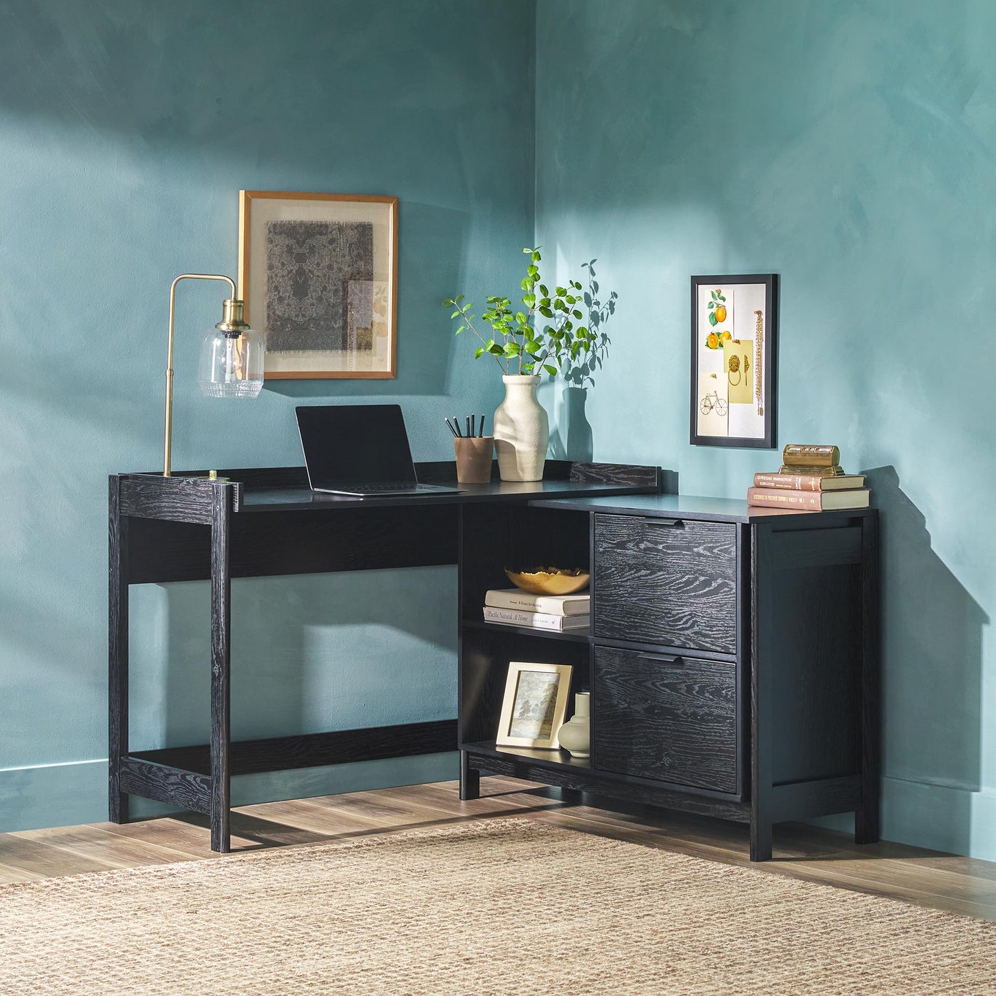 Walker Edison Transitional Office Design, Writing Desk with Drawers and Open Cubbies, Spacious Desktop, Reversible Fit, Complementary in Living Spaces, 49.75”L, Black