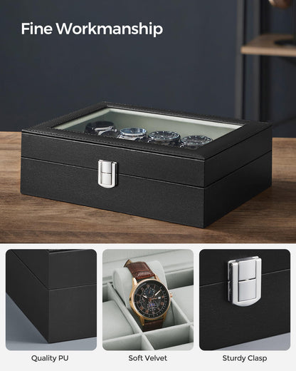 SONGMICS Watch Box, 10-Slot Watch Case with Large Glass Lid, Removable Watch Pillows, Watch Box Organizer, Gift for Loved Ones, Black Synthetic Leather, Gray Lining UJWB010BK