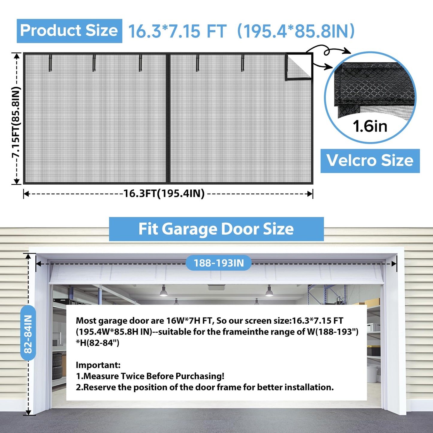 VIOMORL 16x7FT Garage Screen Door Mesh Magnetic Garage Door Screen Magnetic Closure Upgraded Sturdy PET(Greater Than Fiberglass and Polyester) Garage Screen Doors for 2 Car Garage Pull Down