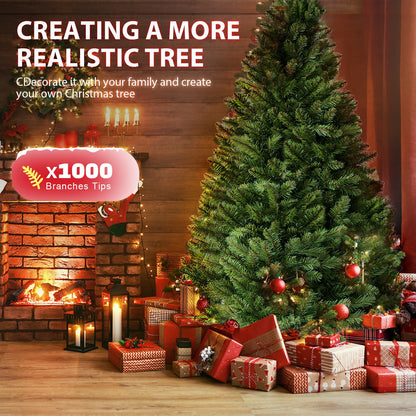 6ft Artificial Christmas Tree Premium Pine Xmas Tree with 1000 Branch Tip, 1 Minute Christmas Tree Unlit Realistic Holiday Party Decor for Home Office, Foldable Stand, Easy Assembly