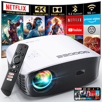GooDee Smart 4K Projector with 5G WIFI and Bluetooth, Netflix/Amazn Prime Video Certified, Dolby Audio, 800ANSI Outdoor Projector, 400" Zoom Home Theater Projector Compatible with TV Stick,iOS,Android