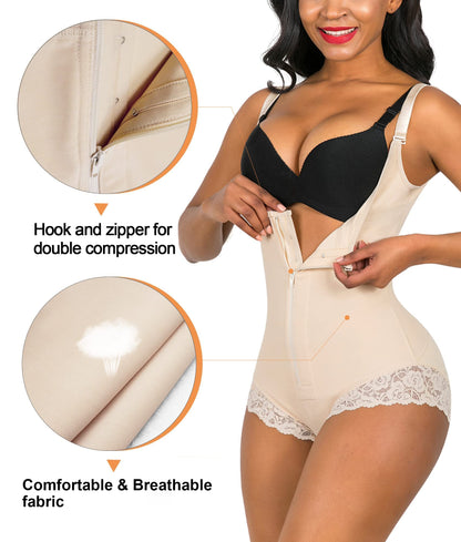 SHAPERX Women Shapewear Tummy Control Fajas Colombianas Body Shaper Zipper Open Bust Bodysuit, SZ7200-Beige-L