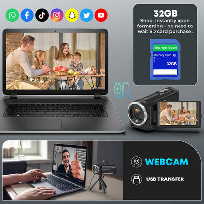 Gcasio 2.7K Video Camera Camcorder QHD 56MP YouTube Vlogging Camera Webcam 16X Digital Zoom with 32G SD Card 270 Degree Rotation Screen Camcorders and 2 Batteries Recording While Charging