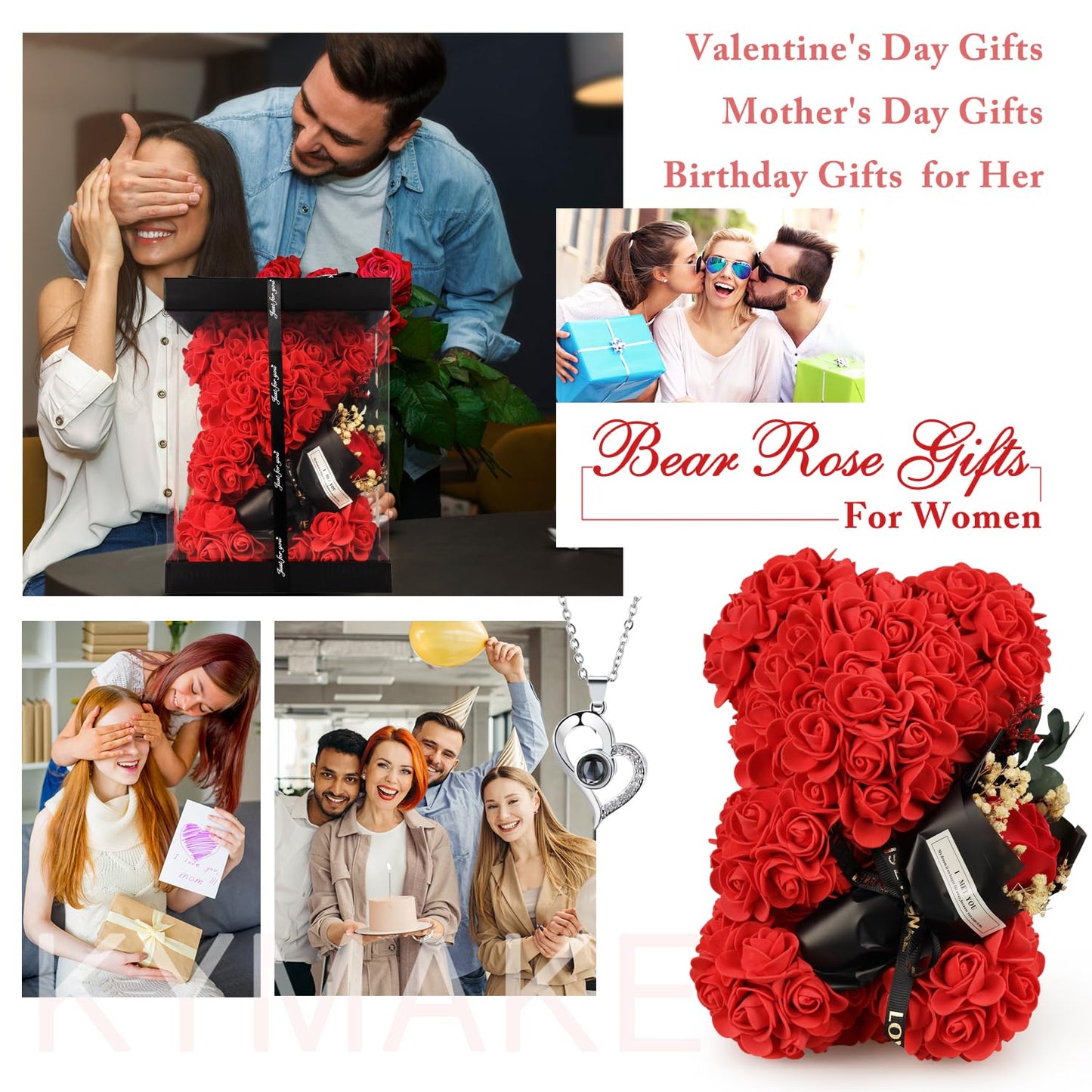 K KYMAKE Valentines Day Gifts for Her Rose Bear with Bouquet and I Love You Necklace in 100 Languages, Birthday Mother’s Day Anniversary Valentines Gifts for Women Girlfriend Mom Wife