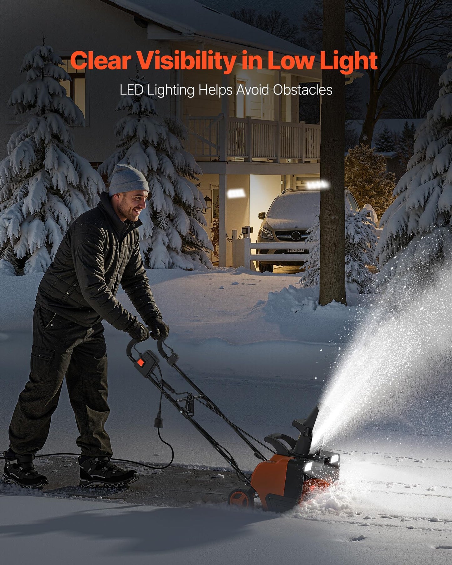 VEVOR Electric Snow Blower, 20 inch 15A Corded Snow Thrower with Dual LED Headlights & 180° Rotating Chute, 25FT Throwing Distance, 12" Depth Clearing, Walk-Behind Snowblower for Driveway Sidewalk