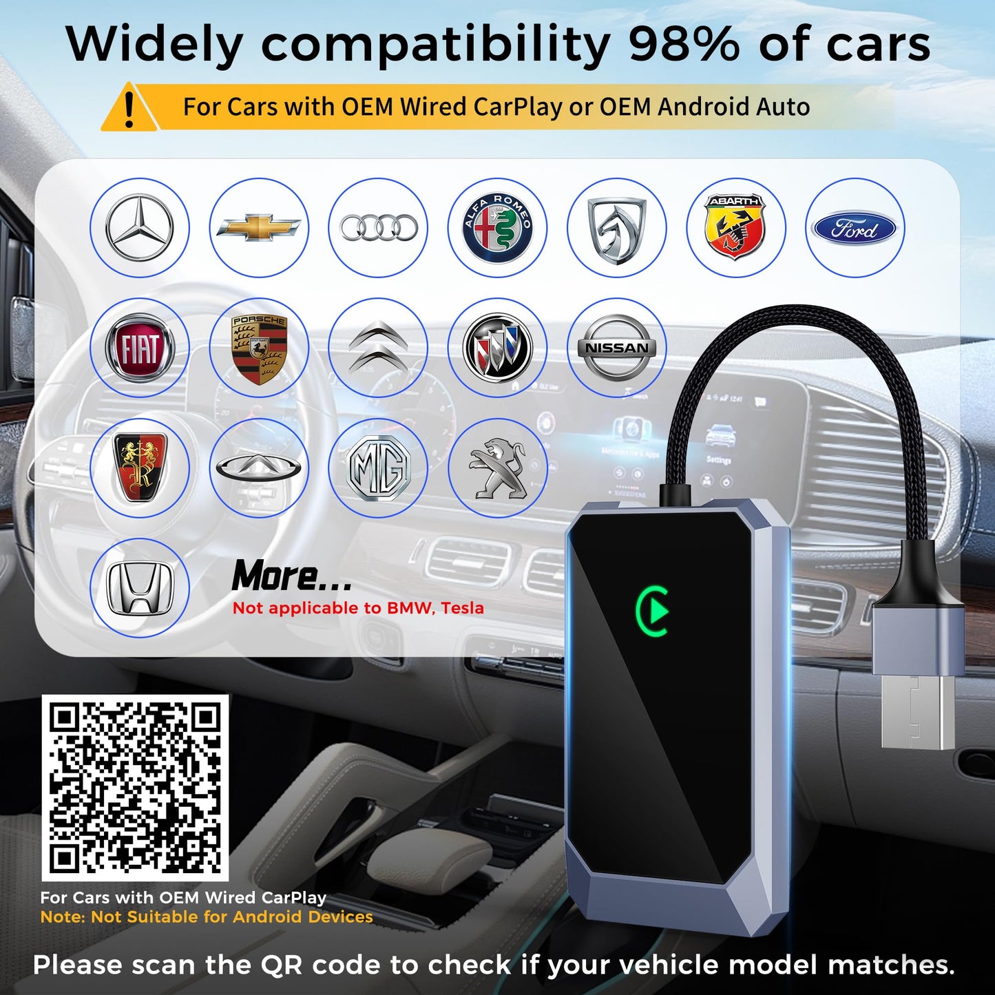 TERUNSOUl Wireless CarPlay Adapter, Convert Factory Wired to Wireless, Easy Plug and Play Setup, Zero Delay, Supports Voice Assistant, Compatible with Cars with OEM Wired CarPlay & iOS 10+