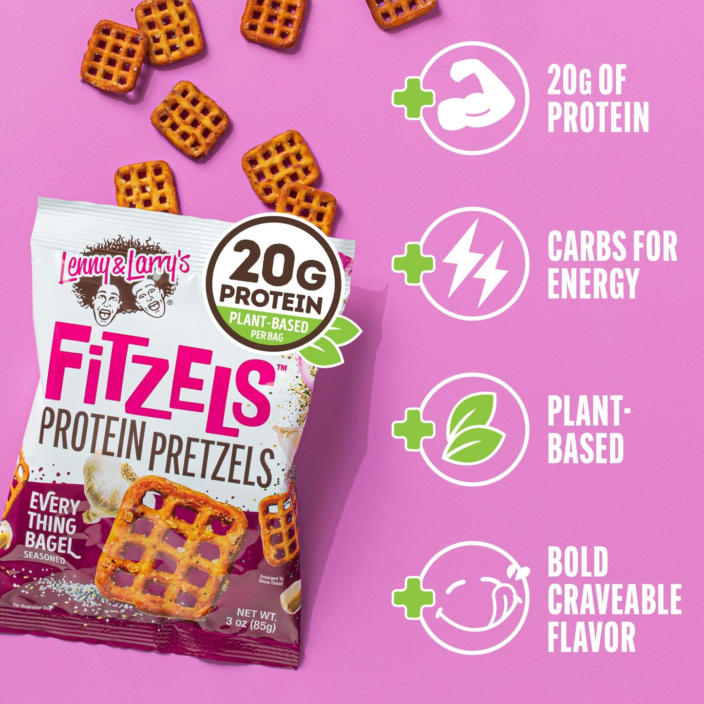 Lenny & Larry's Everything Bagel FITZELS- Savory Pretzel Snacks Incredibly Tasty, High Protein Salty, Vegan, Kosher 20 g's of Plant Based Protein 8 (eight) Bags, 3 oz Each