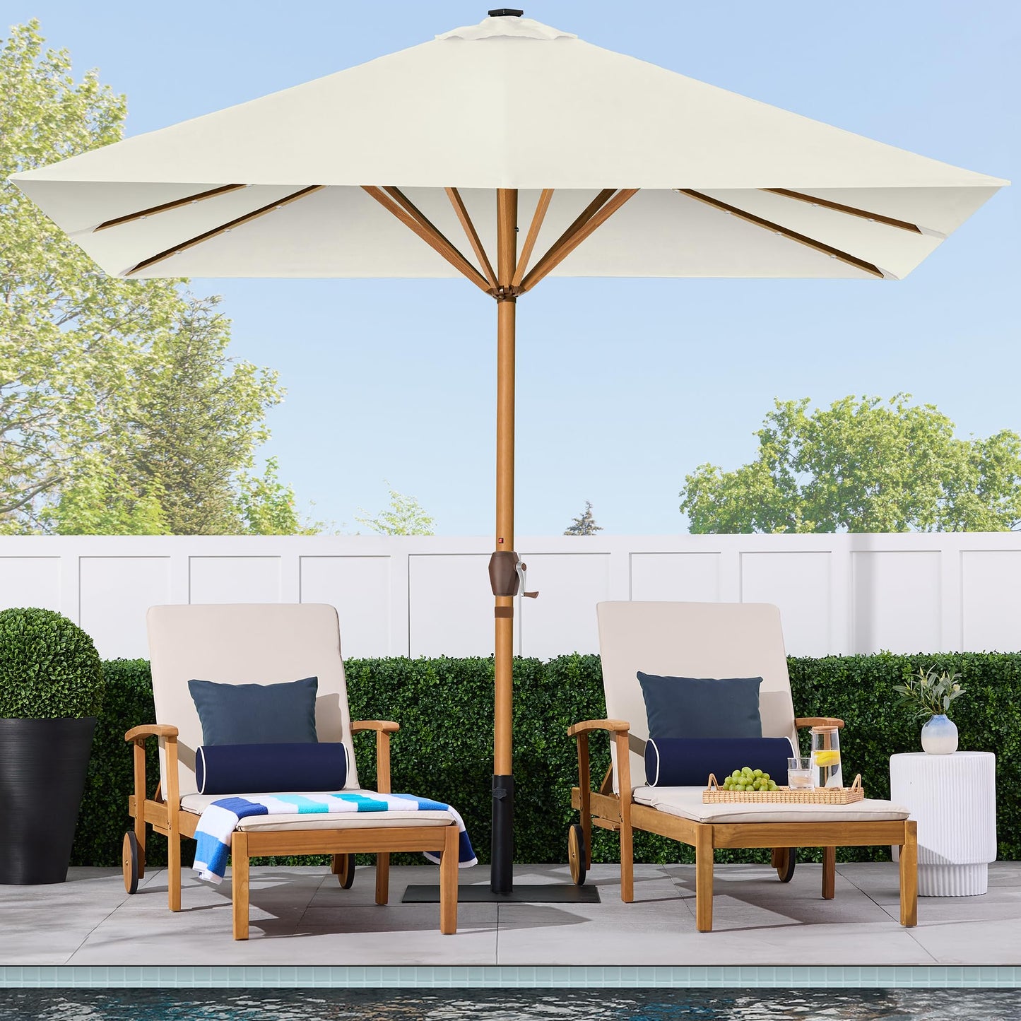 Best Choice Products 9ft Deep Square Solar Powered LED Lighted Patio Umbrella w/Woodgrain Pattern, UV-Resistant Fabric, Hand Crank - Ivory