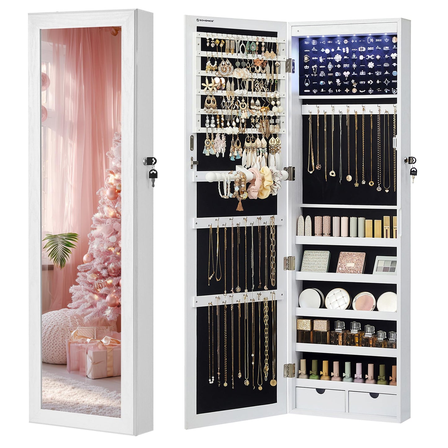 SONGMICS 6 LEDs Mirror Jewelry Cabinet, 47.2-Inch Tall Lockable Wall or Door Mounted Jewelry Armoire Organizer with Mirror, 2 Drawers, Christmas Gift, 3.9 x 14.6 x 47.2 Inches, White