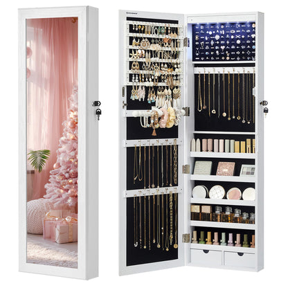 SONGMICS 6 LEDs Mirror Jewelry Cabinet, 47.2-Inch Tall Lockable Wall or Door Mounted Jewelry Armoire Organizer with Mirror, 2 Drawers, Christmas Gift, 3.9 x 14.6 x 47.2 Inches, White