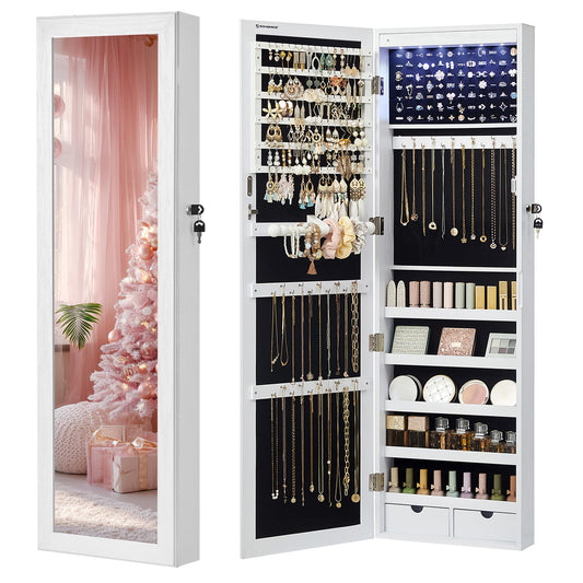 SONGMICS 6 LEDs Mirror Jewelry Cabinet, 47.2-Inch Tall Lockable Wall or Door Mounted Jewelry Armoire Organizer with Mirror, 2 Drawers, Christmas Gift, 3.9 x 14.6 x 47.2 Inches, White