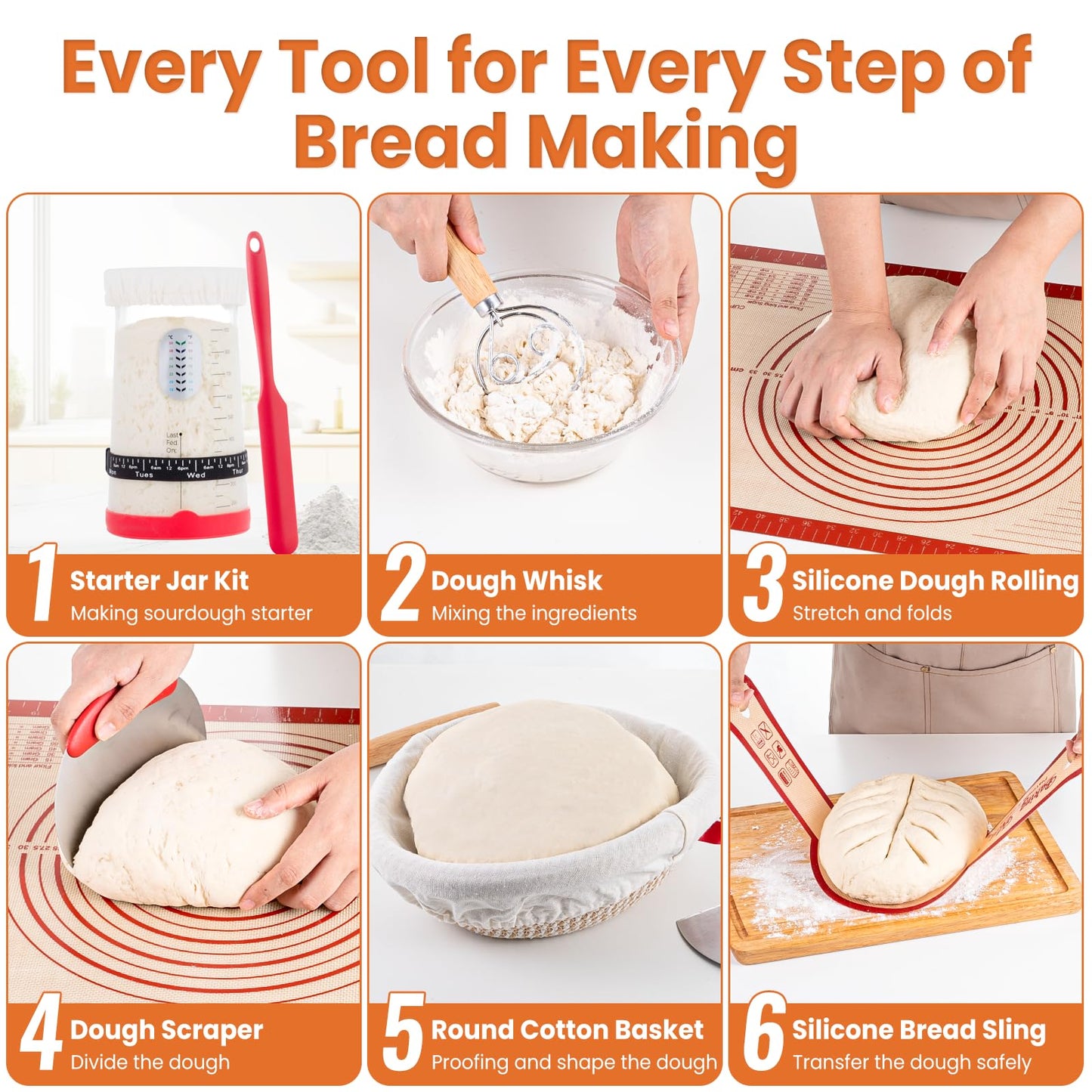 TomCare Sourdough Starter Kit 42 oz Large Glass Starter Jar 10 inch Round Bread Proofing Basket Silicone Baking Mat Tools 10pcs Bread Bags Complete Sourdough Bread Baking Supplies Gifts for Bakers