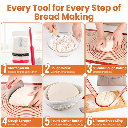 TomCare Sourdough Starter Kit 42 oz Large Glass Starter Jar 10 inch Round Bread Proofing Basket Silicone Baking Mat Tools 10pcs Bread Bags Complete Sourdough Bread Baking Supplies Gifts for Bakers