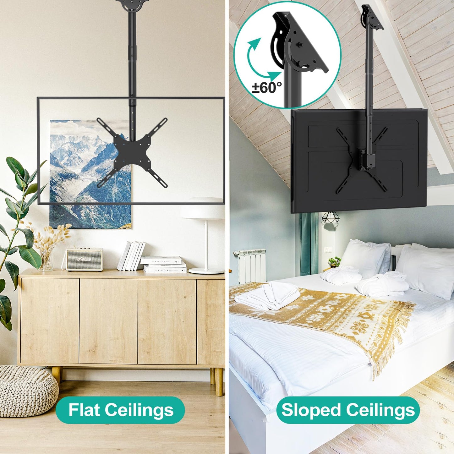 WALI TV Ceiling Mount Adjustable Bracket Fits Most LED, LCD, OLED and Plasma Flat Screen Display 26 to 65 Inch, up to 110 Lbs, Mounting Holes 400x400mm (CM2665), Black