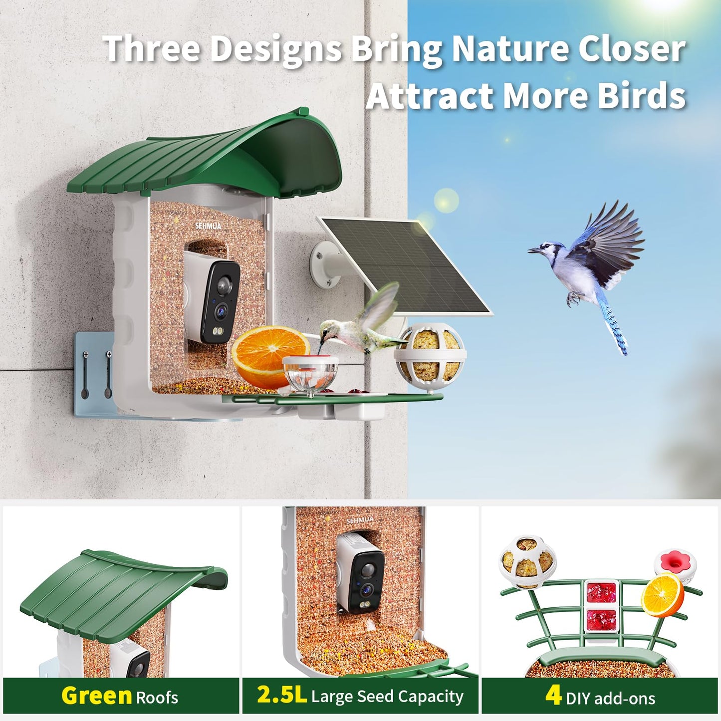 Bird Feeder with Camera, 1 Year Trial AI Identify, Birds Watching Camera with 4 DIY Add-ons, Smart Birds Cam with Solar Panel for Outdoor, Auto Record Videos, Gift for Bird Lover