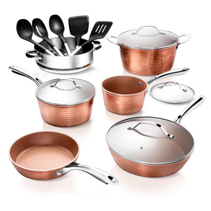 GOTHAM STEEL Hammered 15 Pc Ceramic Cookware Set Nonstick, Copper Pots and Pans Set Non Stick for Kitchen with Utensils, Deep Pots and Pans for Cooking, Non Toxic Cookware Sets, Oven & Dishwasher Safe
