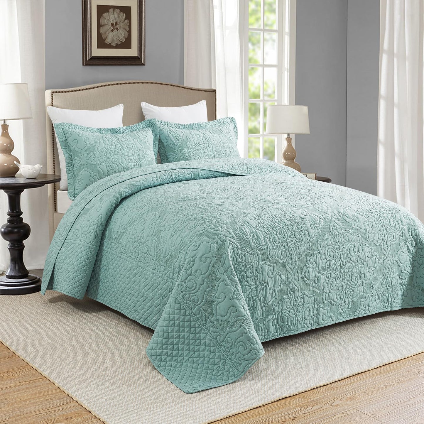 Travan 3-Piece Queen Quilt Set Quilted Bedspread Oversized Microfiber Lightweight Bedspread Coverlet Set with Shams Bedding Set for All Season, Blue, Queen Size
