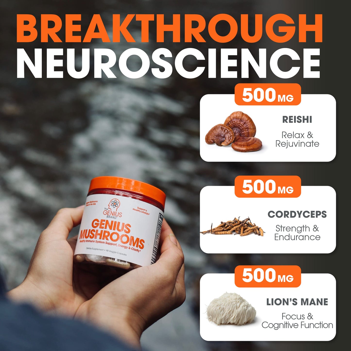 Genius Mushroom Supplement - Lions Mane, Cordyceps, Reishi - Brain Nootropic for Energy, Focus, Overall Wellness, & Immune Support - 90 Capsules