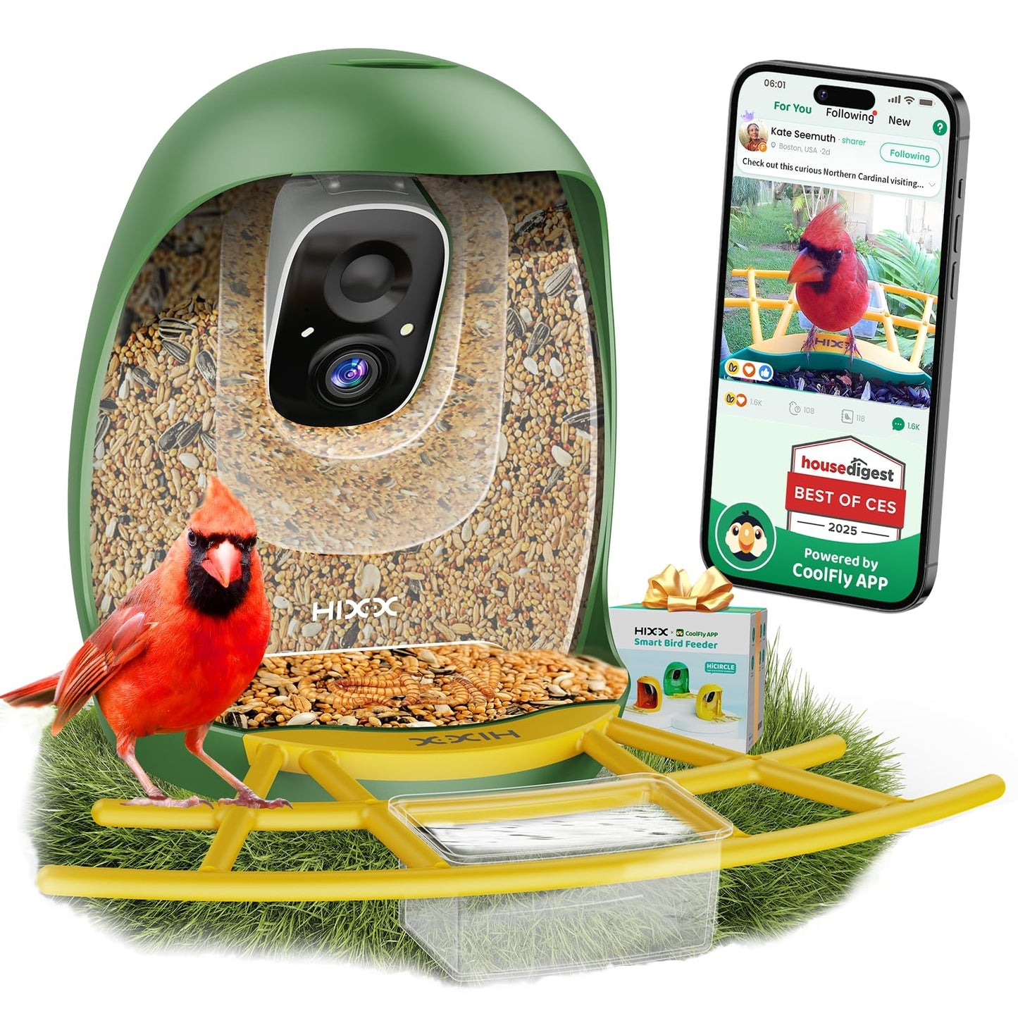 HIXX Smart Bird Feeder with Camera, Lifetime Free AI Bird Species Recognition, Solar-Powered Video Birds Feeder for Outdoors with HD Camera, Mounts Anywhere (Green)