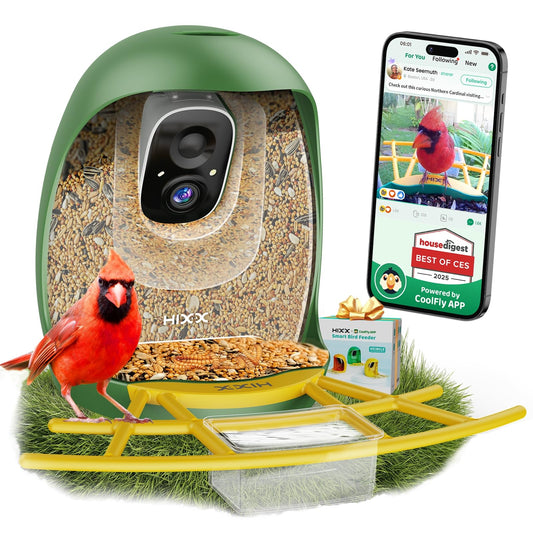 HIXX Smart Bird Feeder with Camera, Lifetime Free AI Bird Species Recognition, Solar-Powered Video Birds Feeder for Outdoors with HD Camera, Mounts Anywhere (Green)