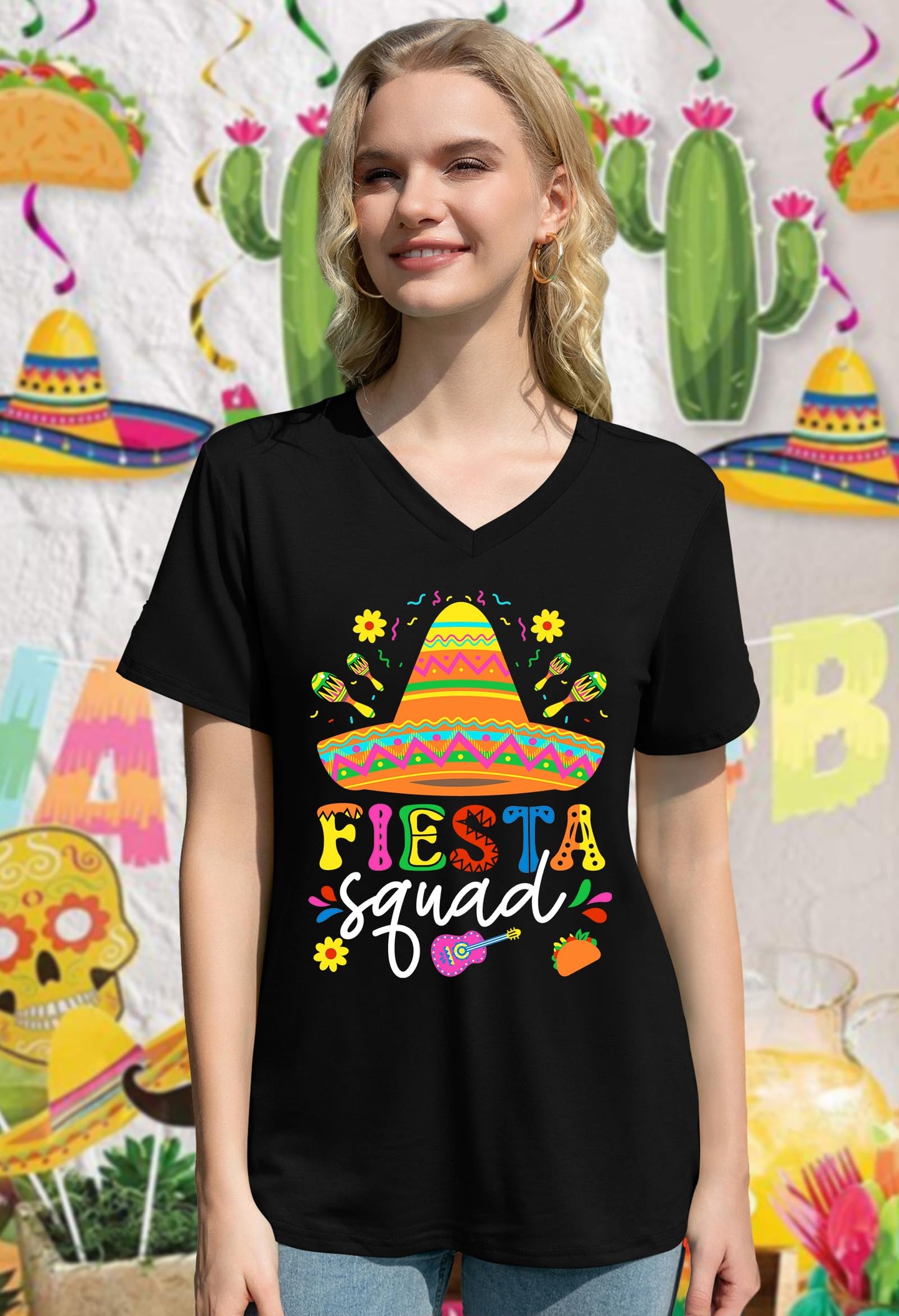 QAUN Cinco De Mayo Shirts for Women: Mexican V Neck Tshirt Let's Fiesta Tops Sombrero May 5th Tees(Black2, XX-Large)