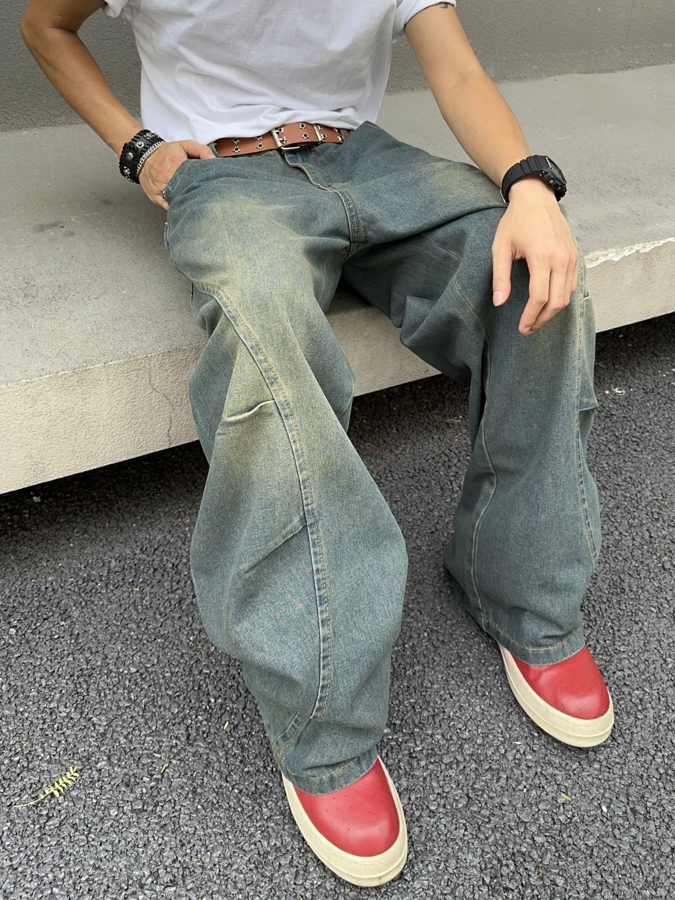 DFGIGT Men's Irregular Sutures Y2k Hip Hop Baggy Jeans Wide Leg Denim Pants Casual Loose Fit Trousers Streetwear Jinco 2000s Extreme Relaxed Skater Skateboard Nostalgia Retro,A11 Blue,Large