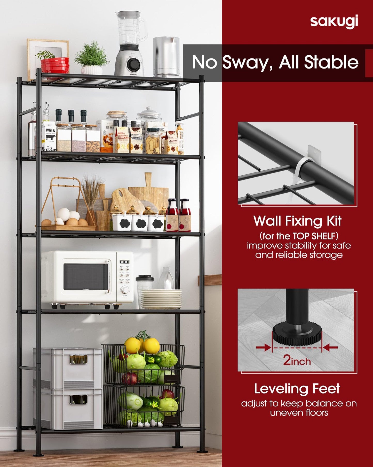 Sakugi Storage Shelves - 5 Tier Shelf Organizer, Heavy Duty Garage Shelving Unit with Leveling Feet, Stable Metal Shelves Organizer for Pantry, Kitchen and Closet, 33.0" W x 12.6" D x 72.0" H, Black