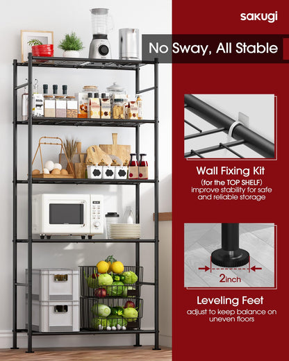 Sakugi Storage Shelves - 5 Tier Shelf Organizer, Heavy Duty Garage Shelving Unit with Leveling Feet, Stable Metal Shelves Organizer for Pantry, Kitchen and Closet, 33.0" W x 12.6" D x 72.0" H, Black