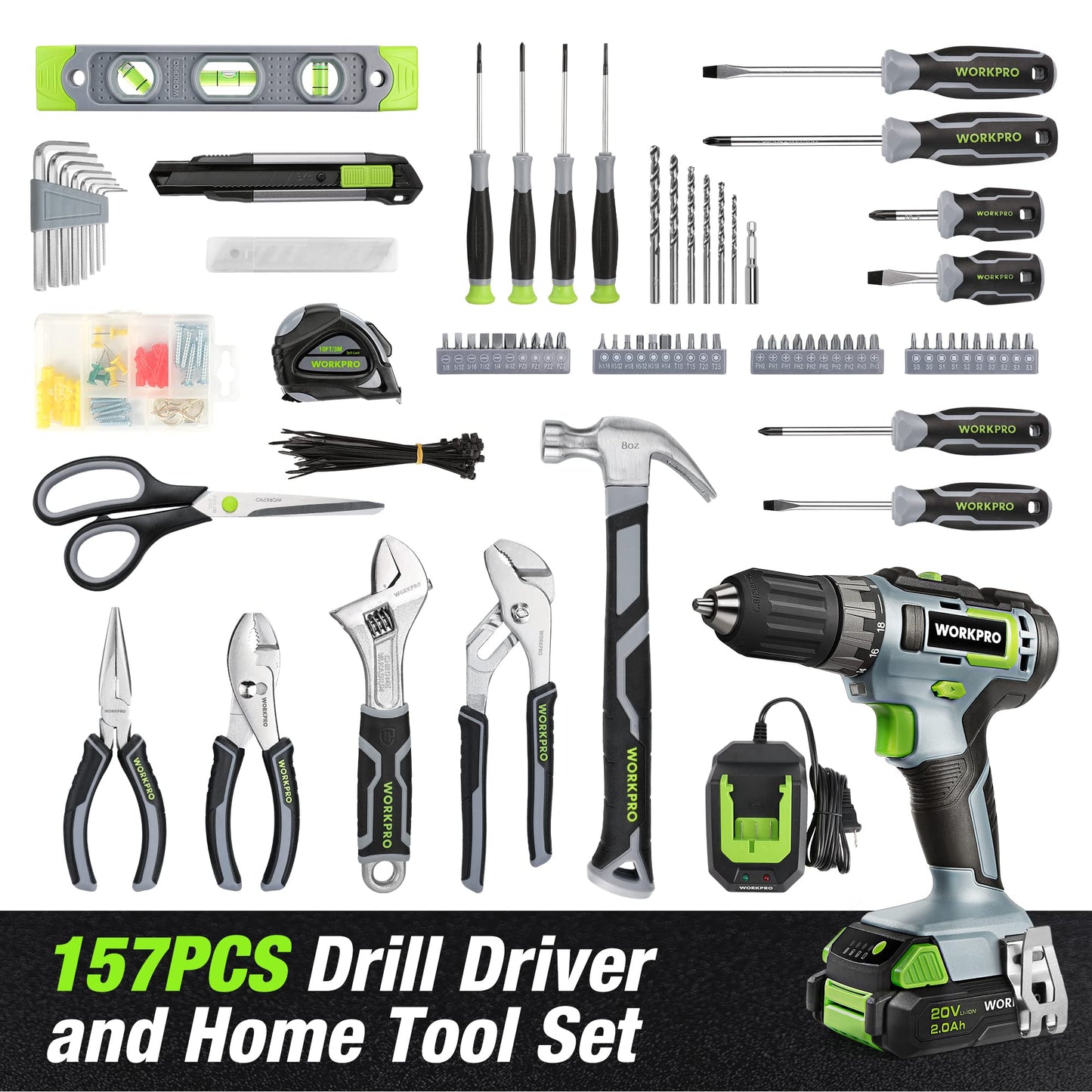 WORKPRO Home Tool Set With 20V Cordless Lithium-ion Drill Driver, 157PCS All-Purpose Kit, Power Drill Combo With Tool Bag