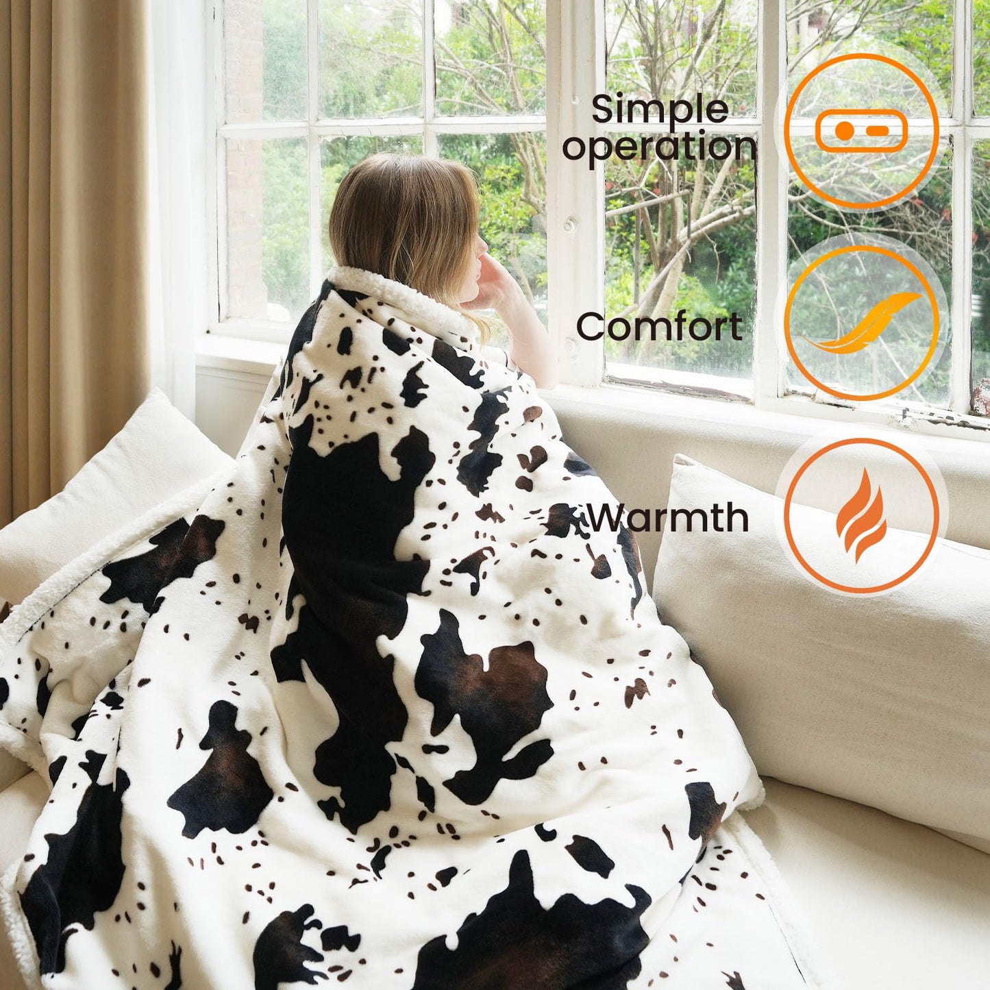 blunique Cow Print Heated Blanket Twin-Heating Electric Blanket Twin with 10 Heat Levels & 10 Hours Auto-Off, Cozy Soft Fleece Sherpa, Washable, 62 x 84 Inches Cow Print White
